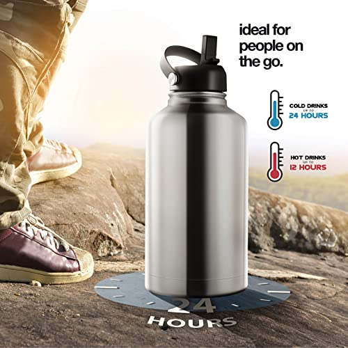64 oz Insulated Water Bottle With Straw, Half Gallon Stainless Steel Sports Water Flask Jug with 3 Lids (Straw, Spout, and Handle Lid), Large Metal Thermal Cup Mug, Stainless Steel - color: Stainless Steel, size: 64 Ounces