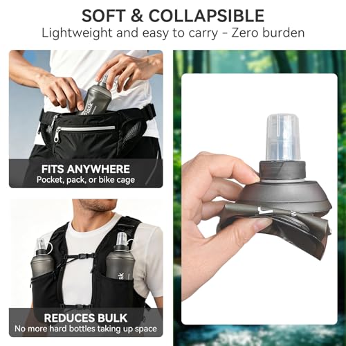 2 Pack 500ml Soft Flask, Shrink As You Drink Collapsible Water Bottles for Running Vest & Hydration Pack, BPA-Free Leak-Proof TPU Folding Bottle for Hiking Cycling Climbing Jogging-Grey - color: Grey