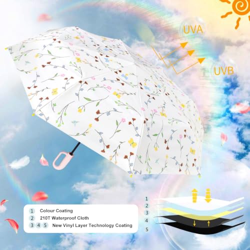 Cuby Travel Umbrella Compact Folding Auto Open and Close for Windproof, Rainproof & 99.9% UV Sun Protection Parasol with Black Anti-UV Coating - color: Beige Flower