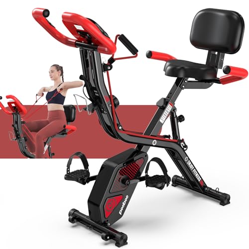 pooboo Folding Magnetic X‑Bike, Upright Exercise Bike for Home Gym | Foldable Indoor Stationary Cycling Bike, 8‑Level Resistance, 6.6 LBS Flywheel, 300 LB Capacity, Back Support Cushion - color: Black & Scarlet