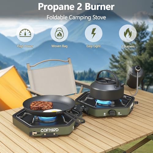 Cofiyard Propane 2-Burner Camping Stove with Carrying Bag and Gas Stove Pressure Regulator, Camping Essentials Folding Camp Stove with Flick-Style Ignition for Backpacking, Outdoor Cooking, Tailgating - color: Green