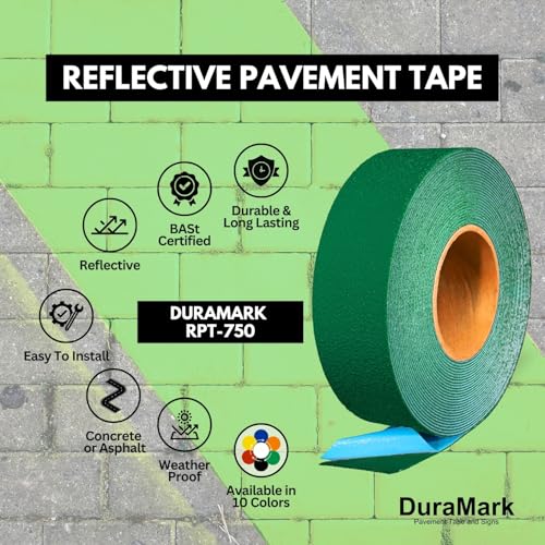 DuraMark RPT-750 Reflective Pavement Marking Tape, Green, 2 in x 36 ft | Permanent rubber base bonds to asphalt and concrete; glass-bead reflectivity improves low-light visibility. - color: Green, size: 2 Inch x 36 Ft