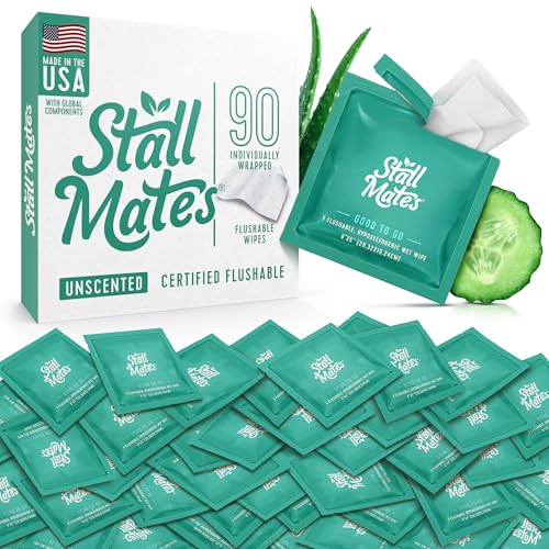 Stall Mates Flushable Wipes, Individually Wrapped, Unscented, 90 Count | With Cucumber, Vitamin-E & Aloe, Individually Wrapped, Travel Friendly, for both Men and Women, bathroom wipes, Bulk Pack - size: 90 Count (Pack of 1)
