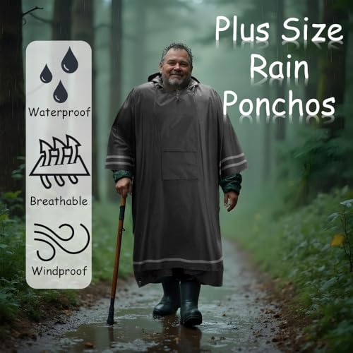 Plus Size Rain Poncho with Hood and Reflective Stripes, Big and Tall Rain Poncho, Ideal as Rain Ponchos for Adults - color: Black