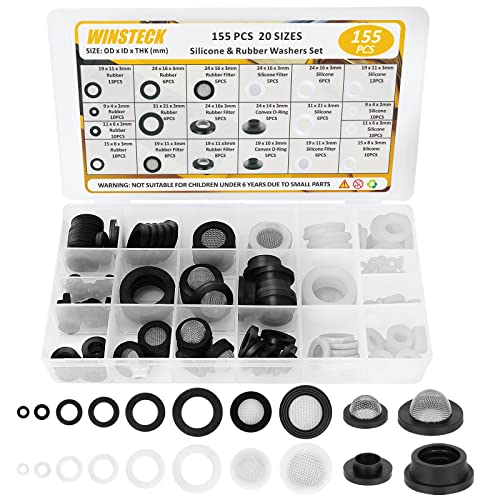 155 PCS Rubber & Silicone Hose Washers Kit, 20 Sizes with Screen Filter | Garden Hose Gaskets for Seals Repair & Shower Hose / Faucet / Shower Head, Hose Gaskets Set, Seal and Prevent Leakage - size: 155PCS