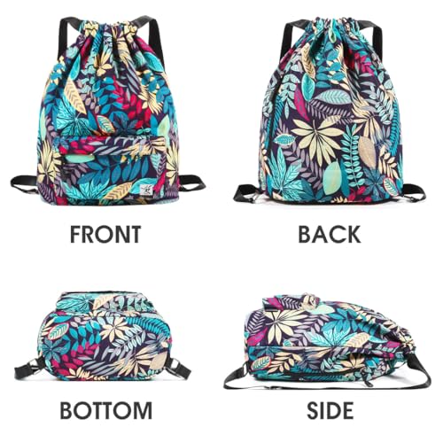 Waterproof Drawstring Bag, Gym Bag Sackpack Sports Beach Backpack for Men Women - color: 02-blue Leaves