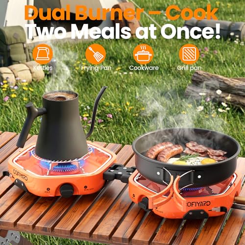 Cofiyard Propane 2 Burner Camping Stove with Carrying Bag, Portable Folding Gas Stove for Camping, Backpacking Camp Stove for Outdoor Cooking with 17,000 BTU Adjustable Burners for BBQ, Tailgating - color: Tangerine