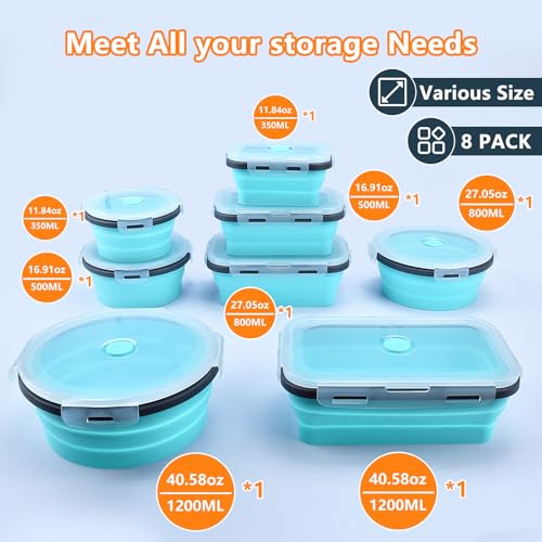 8 Pack Collapsible Food Storage Containers with Lid & Air Vent, 4 Rectangular and 4 Round Foldable Collapsible Storage Containers Sets, Lunch Bowls for Travel, Microwave Freezer Dishwasher Safe - color: Blue (4 Round Mixed oz + 4 Rectangle Mixed oz)