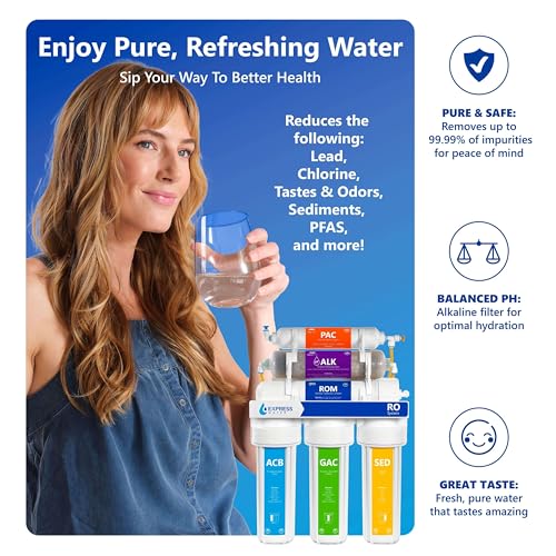 Express Water ROALK5D, 10-Stage Under Sink RO System, Alkaline, 50 GPD | NSF Certified 372, Deluxe Chrome Facuet, Reduces 99% of Impurities, BPA Free, Leak Detection - color: Chrome, style: 10 Stage, Alkaline