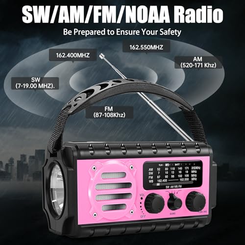 NOAA Weather Radio, 20000mAh Emergency Portable Radio, Hand Crank & Solar - color: 20000mAh Pink
