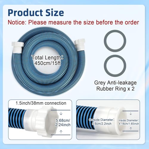 15ft 1 1/2" Pool Hose for Above Ground Pools 15ft Long Pool Pump Replacement Filter Hoses 1.5" EVA Swimming Pool Filter Hose for Filters Pumps, Saltwater Systems and Sand Filters (Blue) - color: Blue