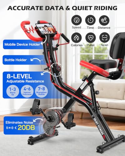 pooboo Folding Magnetic X‑Bike, Upright Exercise Bike for Home Gym | Foldable Indoor Stationary Cycling Bike, 8‑Level Resistance, 6.6 LBS Flywheel, 300 LB Capacity, Back Support Cushion - color: Flame Red