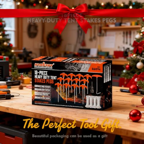 HORUSDY Tent Stakes Heavy Duty, 12-Pack 8.07 Inch Tent Stakes with 4 x 13ft Rope & 1 Stopper T Pull Hook - size: 12 Pack