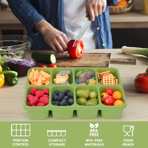 MaMix Snackle Box Container,Leak-Proof Snack Box 8 Compartment Divided Serving Tray with Lid, Dishwasher Safe Food Containers for Fruit Candy Snack Nuts Veggie Party (2 PACK) - color: GREEN+ROSE RED