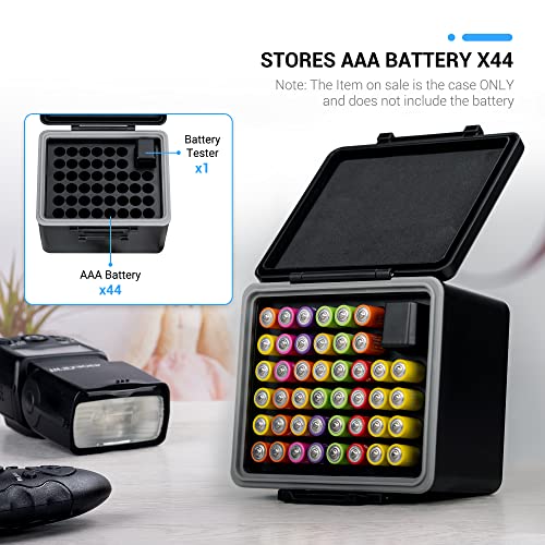 JJC AAA Battery Hard Case with Detachable Tester Checker for 44 Slots AAA | AAA Battery Case Storage Oragnizer for Household Batteries,Water-Resistant and Shockproof - size: For 44x AAA Battery