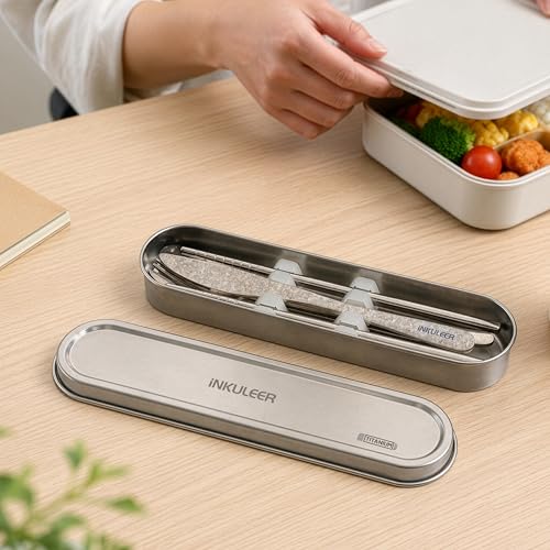 iNKULEER 100% Pure Titanium Travel Cutlery Set | Reusable Utensils with Metal Case | Portable Silverware for Camping, Office, Travel & Outdoor Dining - color: Pure Titanium