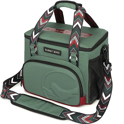 SUNNY BIRD 12L Large Insulated Lunch Bag, Foldable Lunch Cooler Box for Women Adult and Men, Fits 18 Cans (Green with Boho Strap) - color: Green with boho strap
