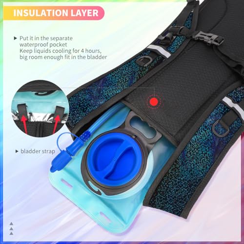 Hydration Backpack, Water Backpack with 2L Hydration Bladder, Rave Backpack Hydration Pack, Festival Essential for Raves, Hiking, Cycling, Climbing, Running, Outdoor, Camping and More - color: Holographic - Black