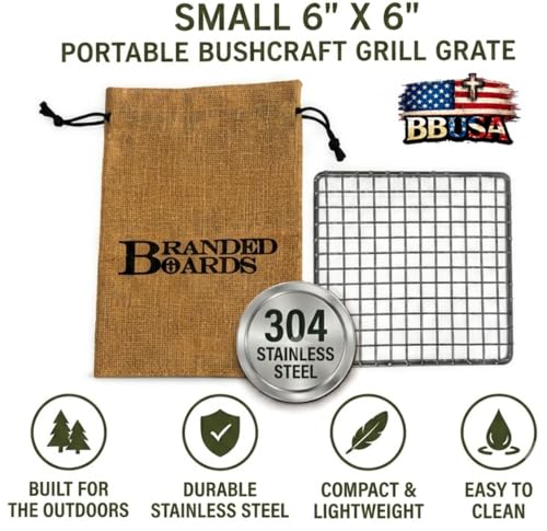Portable Bushcraft Stainless BBQ Small Cooking Grill Grate & Burlap Hemp Drawstring Bag, Camping, Campfires Backpacking, Hunting & Fishing. (Small Grill & Bag ONLY) - size: Small Grill & Bag