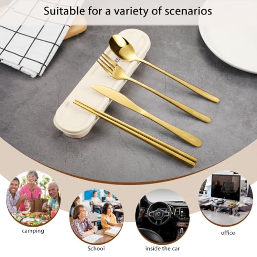 iNKULEER Travel cutlery set, 18/8 stainless steel cutlery, Reusable utensils set with case, Portable Silverware Lunch Box for Camping and Office-Stainless steel - color: Gold