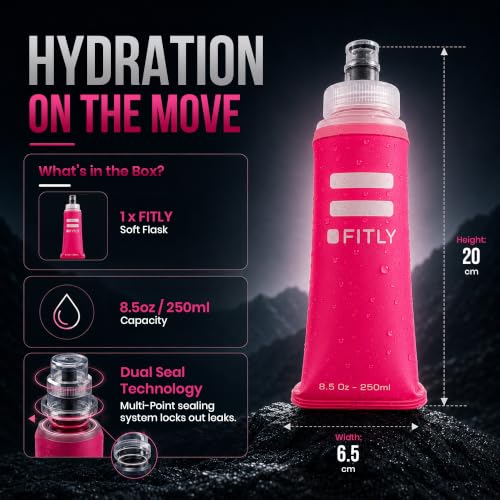 FITLY Soft Flask - Shrink As You Drink Soft Water Bottle for Hydration Pack - Folding Water Bottle Ideal for Running, Hiking, Cycling, Climbing & Rigorous Activity - color: Pink, size: 8.5 Ounces