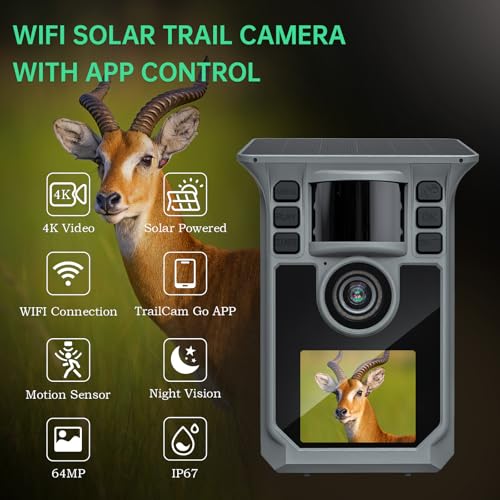 Trail Camera 4K 64MP Solar Game Camera WiFi Bluetooth,0.1s Trigger Motion Activated，5800mAh Battery, 64GB SD Card and Ip67 Waterproof Trail Cam, 130° Wide Angle for Deer & Farm Security - color: Grey