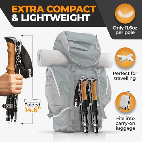 Foxelli Lightweight Trekking Poles – Compact Walking Sticks with Quick Locks, Ergonomic Cork Grip & All-Terrain Accessories – Adjustable Collapsible Poles for Travel & Hiking - size: 39-47in for Height: 4'11" to 5'8"