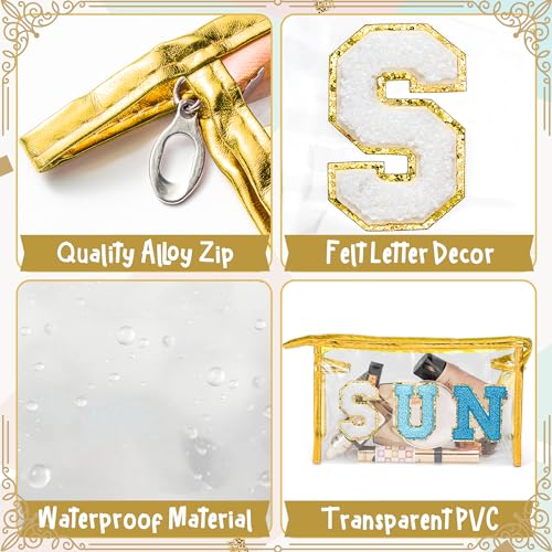 Y1tvei Clear SUN Makeup Bag - Preppy Blue SUN Chenille Varsity Letter Cosmetic Bag PVC Transparent Zipper Waterproof Beach Makeup Carry Pouch Portable Travel Toiletry Organizer for Women(Gold) - color: Blue SUN Gold