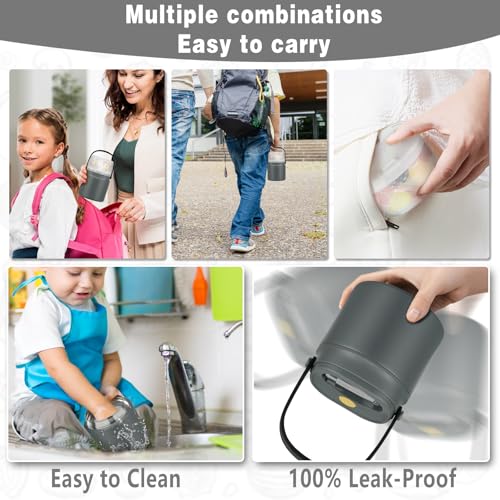 2 - in - 1 Soup Thermo for Hot Food 14oz with Snack Box Container Leak Proof Insulated Lunch Container Kids and Adults Stainless Steel Double Wall Vacuum Wide-mouth Thermal with Spoon and Handle - color: Gray, size: 14oz