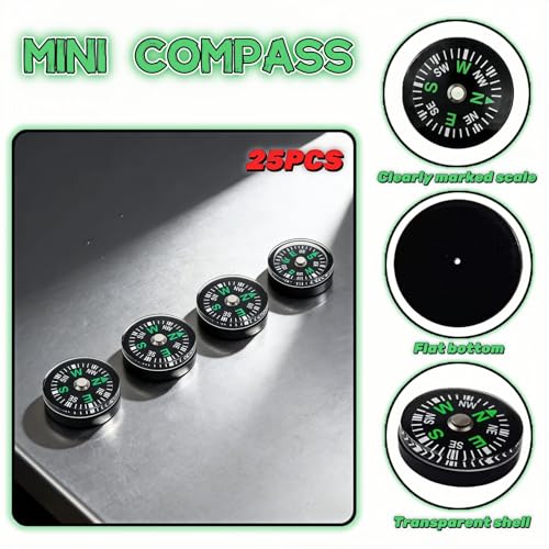 25-Pack Mini Liquid Filled Compass - 20mm Pocket Sized Directional Compass for Hiking, Camping, Survival, Outdoor Activities, Emergency Kits, and Gifts, Black with Green Markings