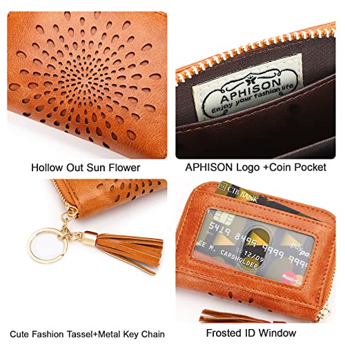 APHISON RFID Credit Card Holder Zipper Card Case Keychain Small Wallet for Women 1927 BROWN - color: 0-4BROWN（single zip）