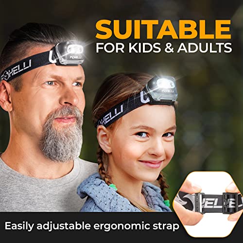 Foxelli LED Headlamp Flashlight for Adults & Kids, Running, Camping, Hiking Head Lamp with White & Red Light, Comfortable Headband, Lightweight & Waterproof, 3 AAA Batteries - color: White