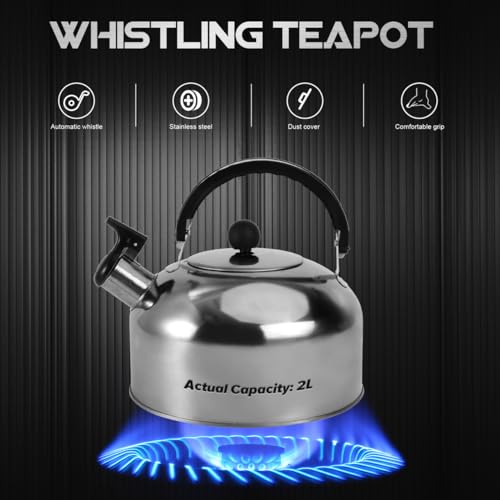 PRETYZOOM Stainless Steel Tea Kettle for Stove Top and Induction 2L Whistling Water Kettle with Flat Bottom Ergonomic Handle Fast Heating for Home Camping Brewing