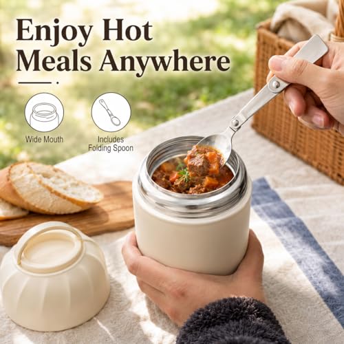 Thermo for Hot Food & Drinks, Thermo Lunch Box, 17oz Vacuum Insulated Food Container with Spoon&Drawstring Bag, Soup Thermo for Adults, White - color: White