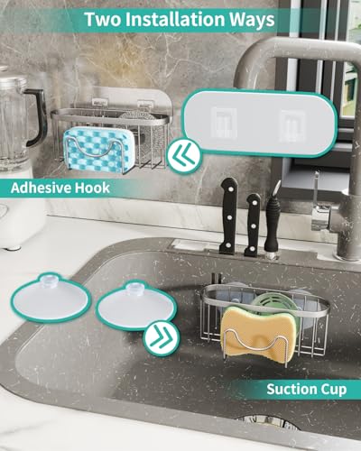 HapiRm Kitchen Sponge Holder for Sink - 2 Installation Methods Kitchen Sink Caddy Organizer with Unique M-Shaped, Rustproof Stainless Steel Sponge Caddy - Brushed Nickel (Large) - color: Brushed Nickel, size: with M-shaped Holder (Large)