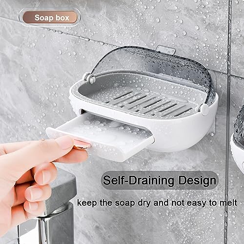 2 Pack Shower Soap Dish Holder with Lid, Bar Soap Container with Drain | Wall Mounted Soap Box Container for Shower, Bathroom, Bathtub, Kitchen Sink, Adhesive Included - color: 2pcs White Wall-mounted
