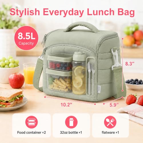 Insulated Lunch Bag for Women, Quilted Leakproof Lunch Tote with Shoulder Strap, Wide Opening Reusable Cooler Bag for Work, Office, Picnic & Travel (Sage) - color: Sage