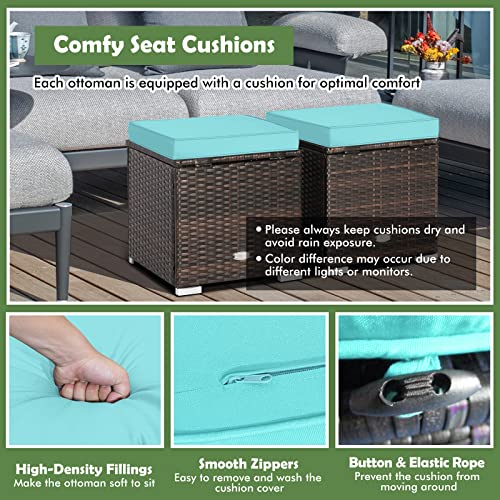 HAPPYGRILL 2PCS Patio Ottoman Set Outdoor Wicker Stool with Storage, Rattan Footrest Ottoman with Solid Metal Frame and Cushion for Backyard Poolside Garden Balcony - color: Turquoise