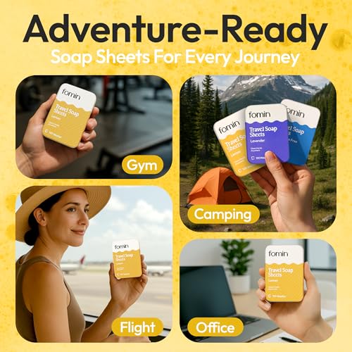 FOMIN - Paper Soap Sheets Tin for Traveling - 300 Variety (Unscented, Orange, Lemon) Portable Travel Hand Soap Sheets, Dissolvable Mini Camping Hand Soap for Hand Washing and Camping - color: Variety Pack-002 (Unscented, Orange, Lemon)