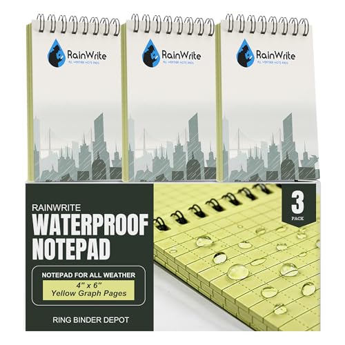 Ring Binder Depot RainWrite Waterproof Notepad, 4" x 6", 3 Pack, Yellow Graph Pages, Top Spiral All-Weather Pocket Notebook for Hiking, Camping, Construction & Field Notes