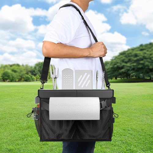 FANGSUN Grill Caddy with Lid, Foldable BBQ Caddy with Paper Towel Holder | 11 Compartments, Easy-Clean Aluminum Interior, 1680D Oxford Fabric, Water-Resistant, Shoulder Strap Included, Tailgating - style: Black-with lid