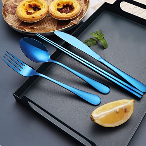 Portable Stainless Steel Flatware Set, Travel Camping Cutlery Set, Portable Utensil Travel Silverware Dinnerware Set with a Waterproof Case (Blue) - color: Blue
