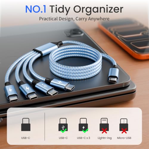 USBC to USBC Cable, 4 in 1 USB C Multi Charging Cable for Multiple Devices | 5FT Charger Cord Type C for iP 17/16/15, Pad,Galaxy S24/23, Power Bank, Tablets, Ideal for Travel, Cruises and Daily Use - color: White+Blue, size: 1Pack5FT