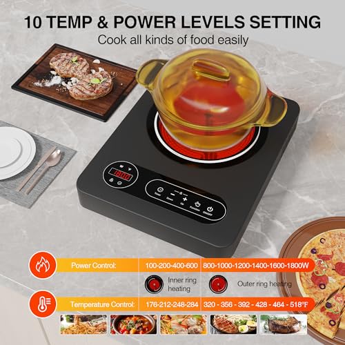 Single Burner Electric Cooktop 1800W,110V Electric Stove Top Burner | Portable Stove with LED Touch Control 10 Power Level, Hot Plate with Child Safety Lock, Timer and Overheat protection - size: Single Electric Cooktop