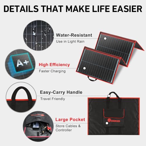 DOKIO 200W Portable Foldable Solar Panel Kit with Charge Controller | Folds to 20 x 26.4 in and weighs 9.7 lb; USB ports; for 12V batteries, power stations, RVs, camping, and emergencies