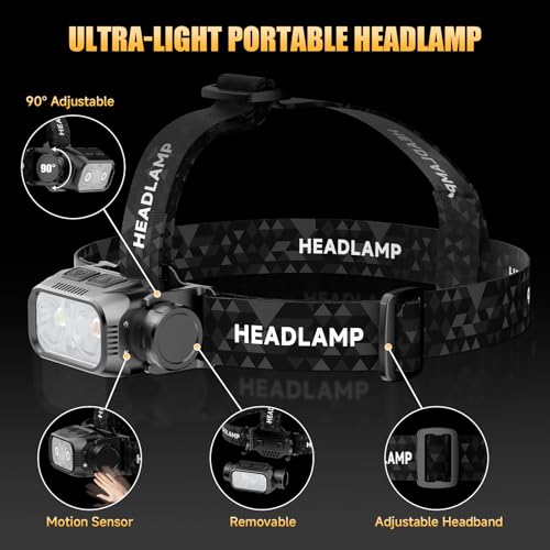 ATDOALL Rechargeable LED Headlamp, Lightweight Head Lamps for Adult Camping | Super Bright Headlight with White Warm Red Light, Motion Sensor, 5 Modes, 90° Adjustable, Waterproof for Hiking, Running - size: 1 Pack