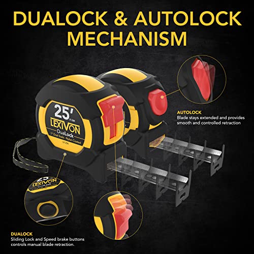 LEXIVON [2-Pack] 25Ft/7.5m Tape Measure, DuaLock & AutoLock | 1-Inch Wide Blade with Nylon Coating, Matt Finish White & Yellow Dual Sided Rule Print | Ft/Inch/Fractions/Metric (LX-204) - size: 2PK-25FT DuaLock & AutoLock