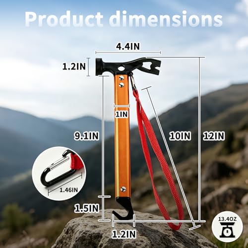 Carbon Steel Aluminum Camping Hammer, 12" Small Lightweight Three-in-One Functional Tent Stake Hammer for Hiking Kit Orange - color: Orange