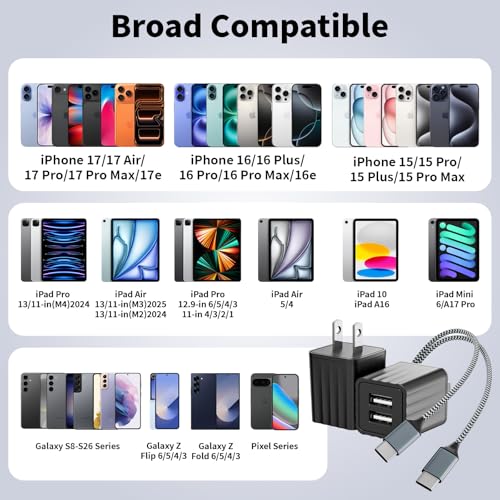 2Pack Fast iPhone Charger[Apple MFi Certified]10FT 2 Port USB Fast Charging | Block with iPhone 17 USBA-C Braided Cable Cords,Apple Charger Adapter for iPhone 17 Air/16e/17/16/15/15 Plus/Pro/Pro Max/iPad - color: Black 10FT A-C