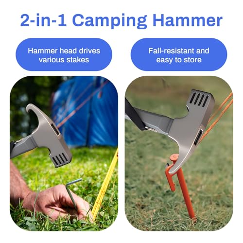 Camping Hammer with Tent Stake Remover, 12" Heavy Duty Steel Tent Mallet Rubber Covered Anti-Slip Handle & Holding Strap Multi-Functional for Camping, Backpacking, Hard Places (Blue) - color: Blue